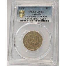 AUSTRALIA 2000 . ONE 1 DOLLAR COIN . ERROR . MULE . STRUCK ON TEN 10 CENTS